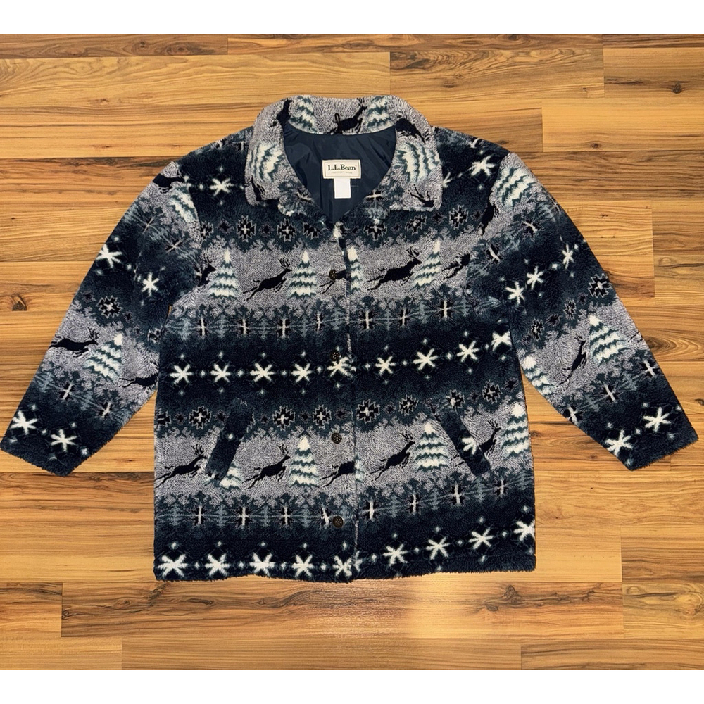 Vintage LL Bean Nordic Reindeer Fleece Jacket Men’s XL Lined Winter